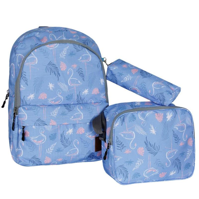 Cambridge Polo Club Okul Sırt Çantası 3'lü Set Flamingo Desenli Açık Mavi