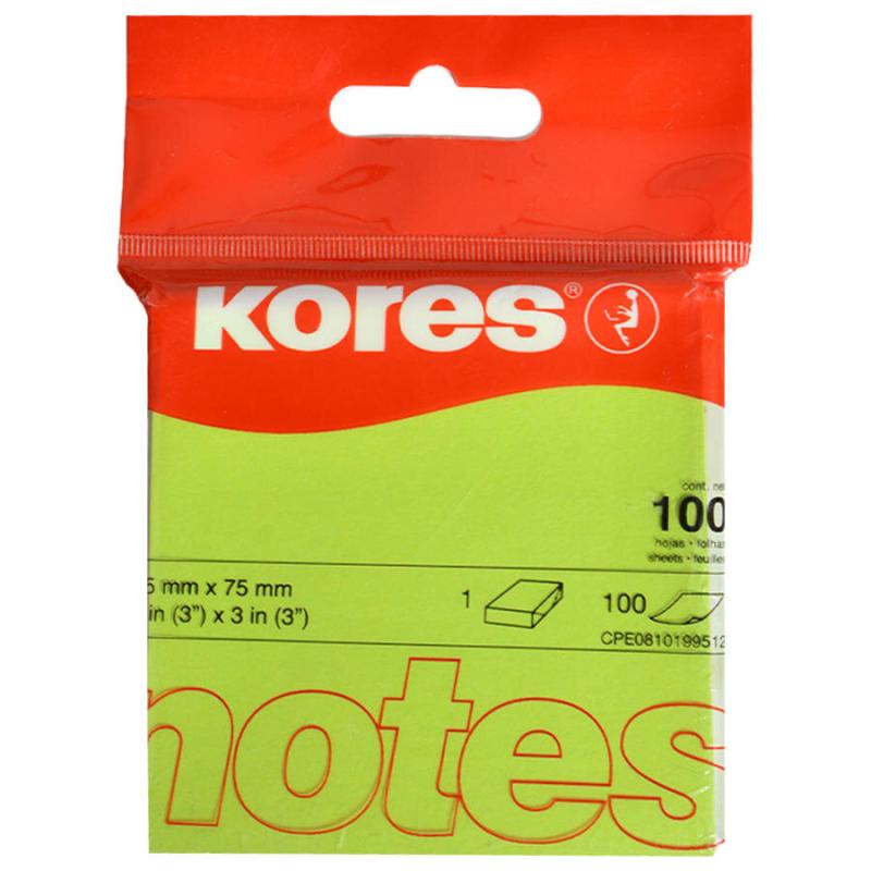 Kores Yapışkanlı Not Kağıdı 75 mm x 75 mm Neon Yeşil 100 Yaprak