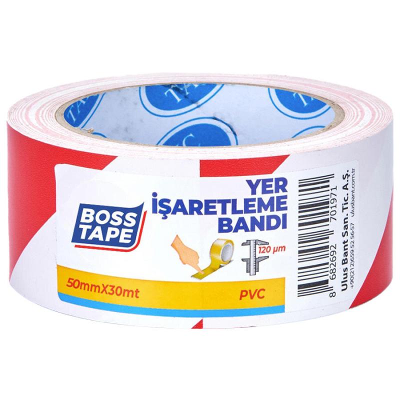 Boss Tape Yer İşaretleme İkaz Bandı 50 mm x 33 m Kırmızı / Beyaz Çizgili