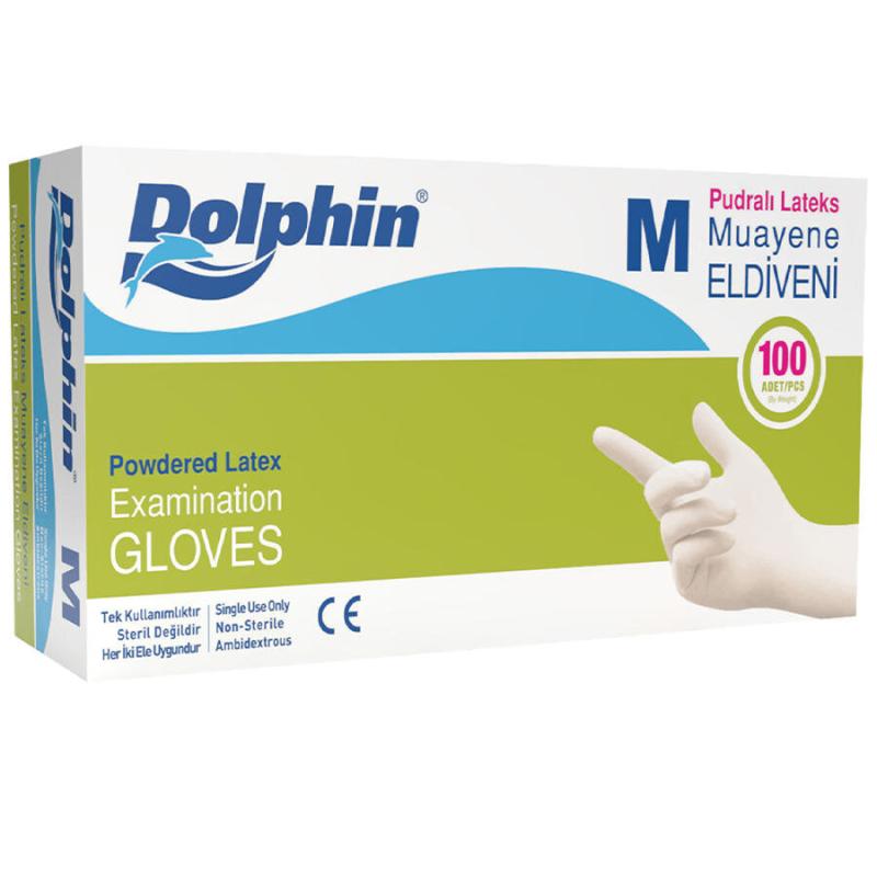 Dolphin Pudralı Latex Beyaz Eldiven Medium 100'Lü