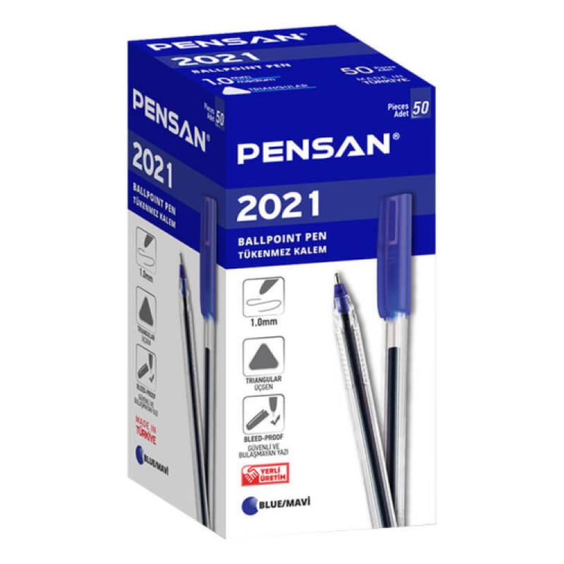 Pensan Şeffaf Üçgen Gövdeli Tükenmez Kalem 1.0 mm Mavi 50 Li Kutu 2021
