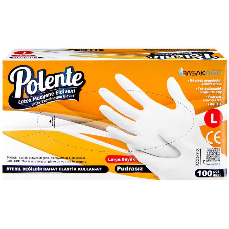 Polente Latex Muayene Eldiveni Pudrasız Large 100'lü Paket